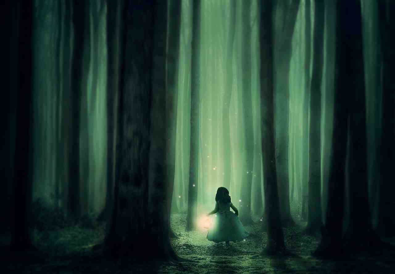 des forêts, jeune fille, arbres